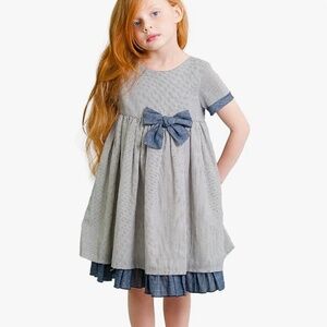 Dakomoda Girls Navy Striped Bow Party Dress – 5T - Cotton/Linen